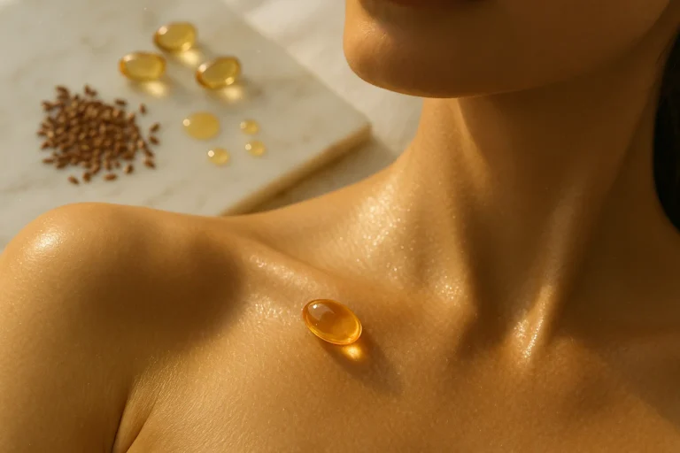 A highly detailed vertical editorial photograph (1080x1350) shot with soft daylight through a diffused fabric. The scene features a close-up of a woman’s bare shoulder and jawline with hydrated, glowing skin. A transparent Omega 3 capsule rests delicately on her collarbone, reflecting warm golden light. The skin surface is subtly textured with natural pores and a soft sheen. Surrounding elements include flax seeds, fish oil capsules, and a few drops of oil placed with precision on a clean white marble surface in the background. Camera angle: diagonal close-up, emphasizing the capsule’s presence and the skin texture. Lighting style: soft rim lighting with golden hour tone, emphasizing warmth and wellness. Textures: realistic hydrated skin, oily reflections on the capsule, and smooth marble contrast with the organic grain of the seeds. Authenticity elements: floating dust particles, lens bloom, slight chromatic aberration on capsule edges, fine film grain overlay. Color palette: skin tone, amber, gold, and white — evoking natural wellness and dermocosmetic softness. Final look: tactile, editorial realism, evoking both scientific clarity and skin care elegance.